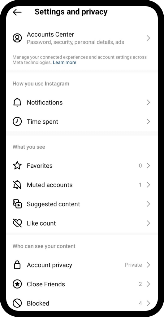 Settings and privacy